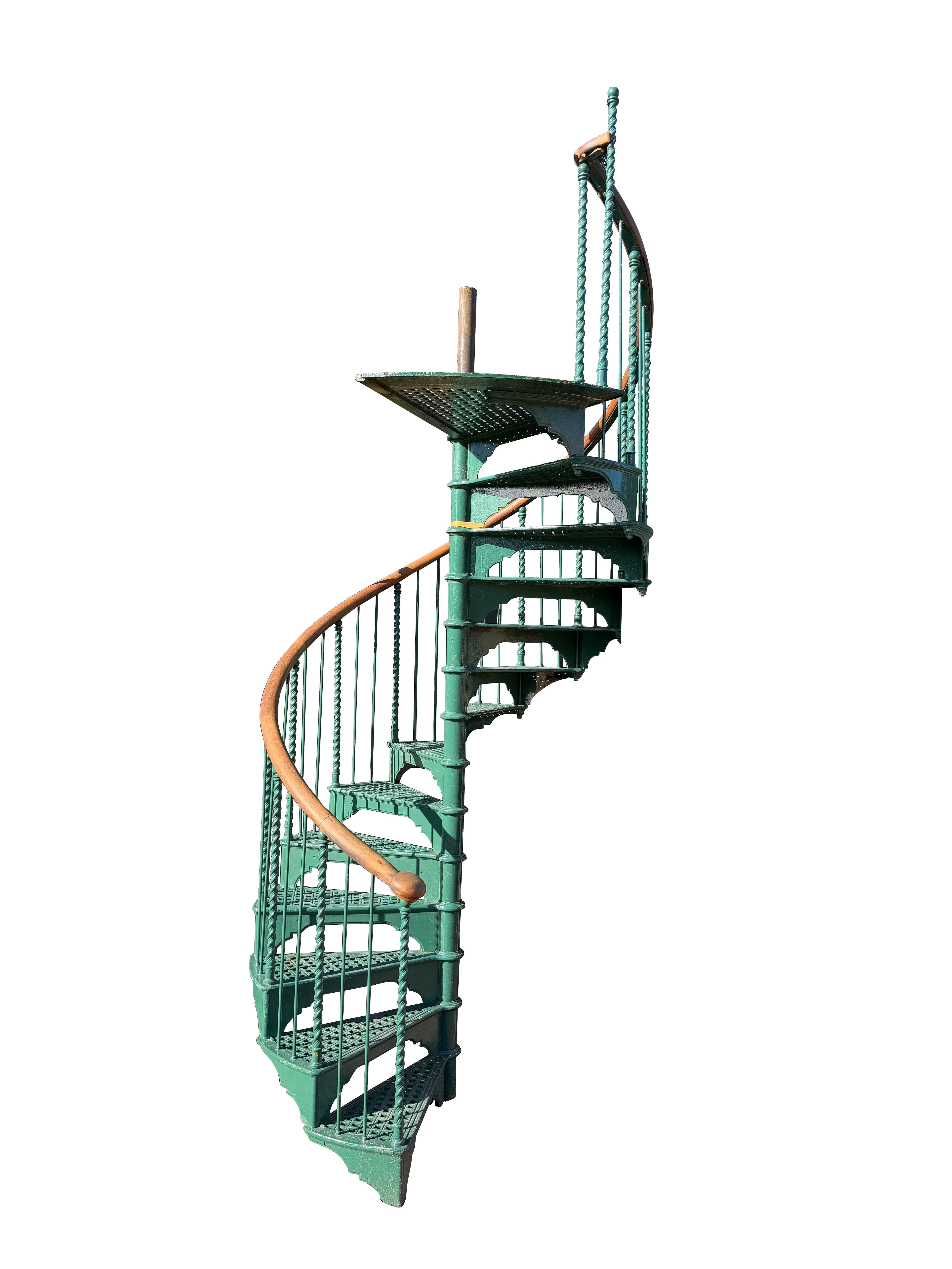 Reclaimed Cast Iron Spiral Staircase With Wooden Handrail