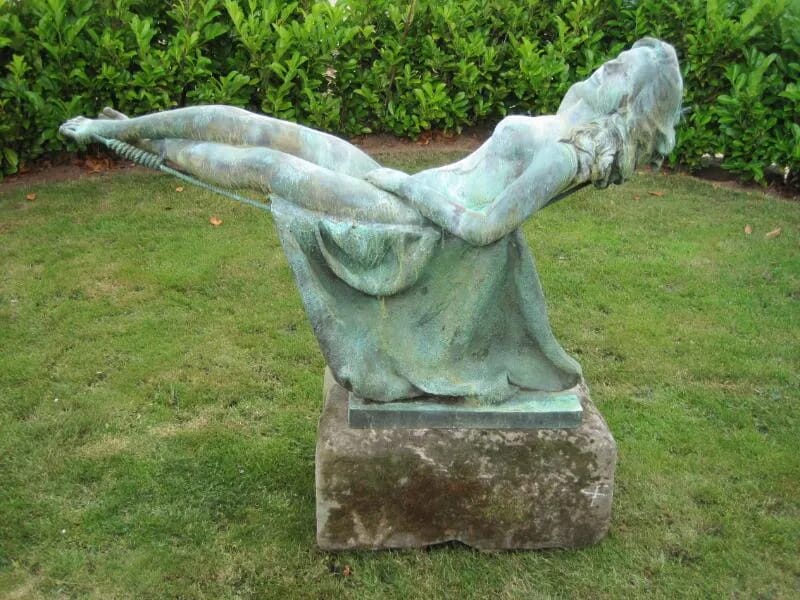 Vintage Bronze Reclining Nude Garden Statue on Stone Plinth - 3931