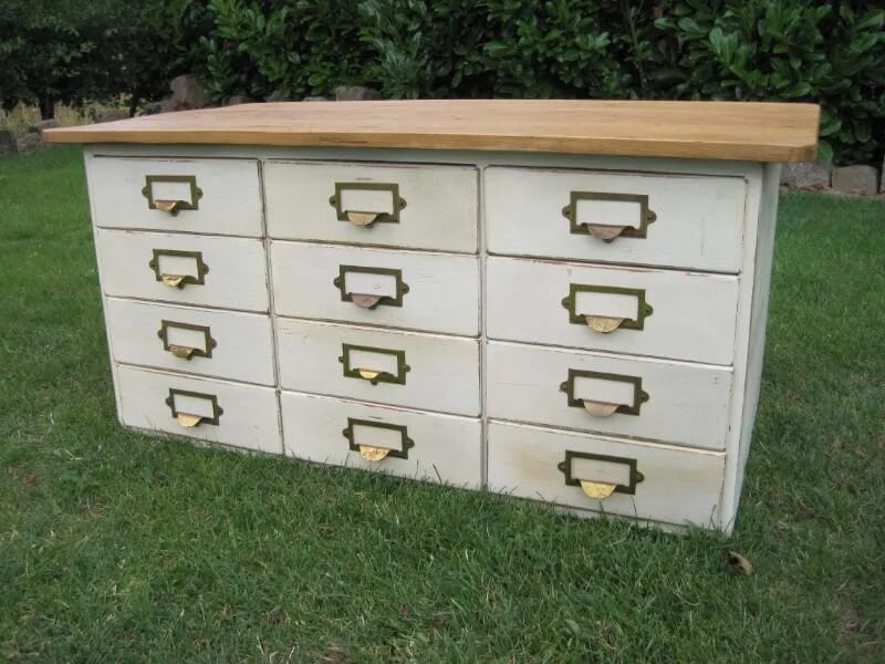 Bank of 12 Office or Shop Drawers with Reclaimed Pine Top - 5018