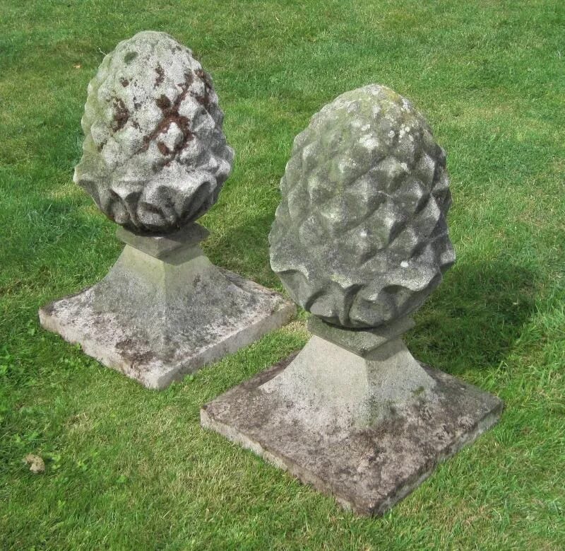 A pair of Weathered Stone Gate Pier Pineapple Finials - 5040