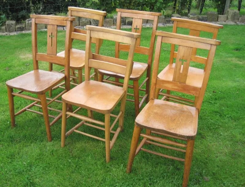 Set of 6 Antique Reclaimed Church Chairs - 5136