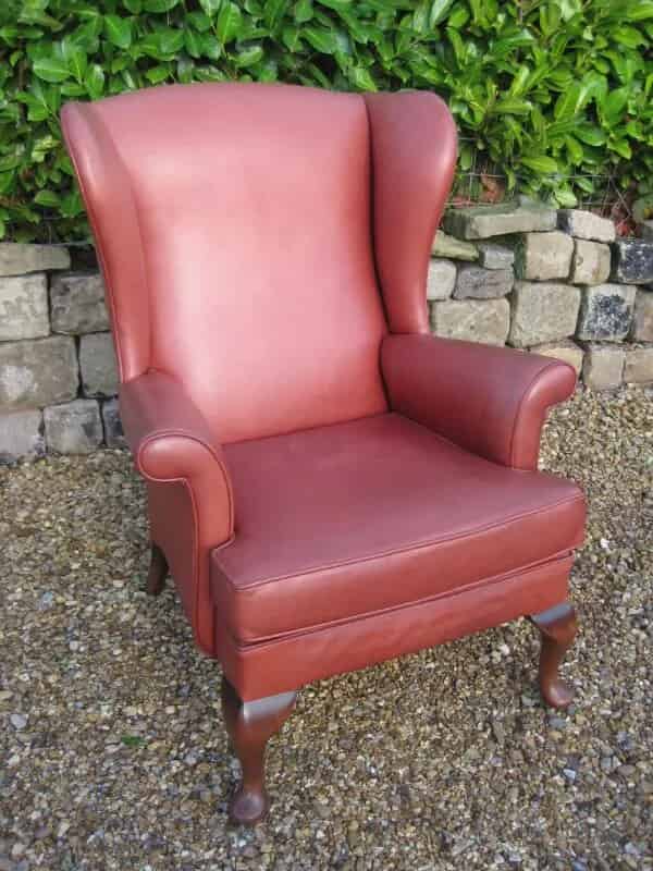Antique Salmon Pink Leather Wing Back Chair