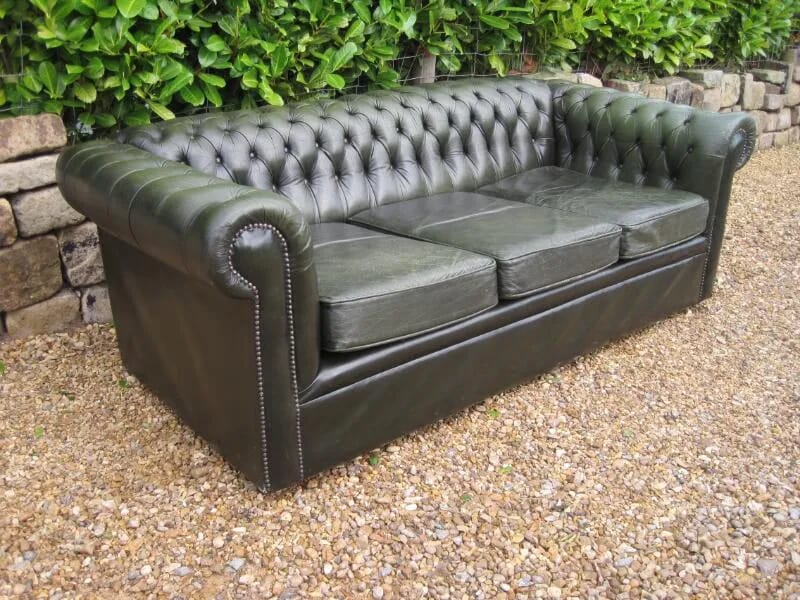 Antique Green Leather Chesterfield Settee - 5201