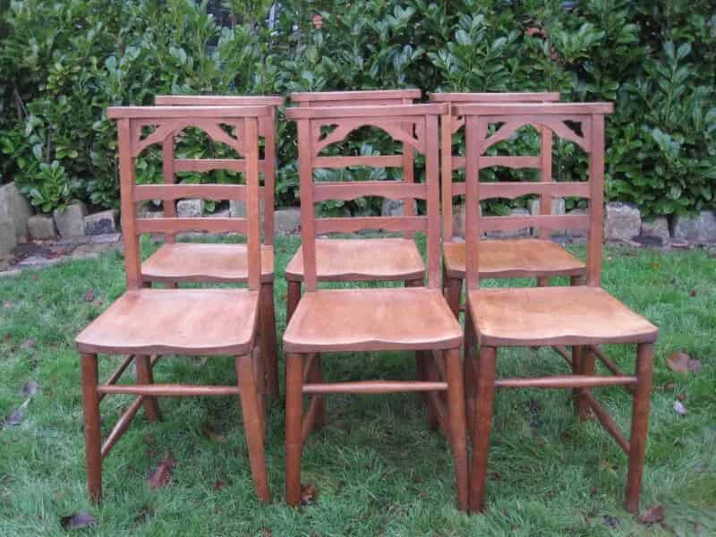 Set of 6 Antique Solid Oak Gothic Church Chairs