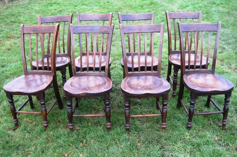 Set of 8 Antique Elm Seated Kitchen Chairs - 5300