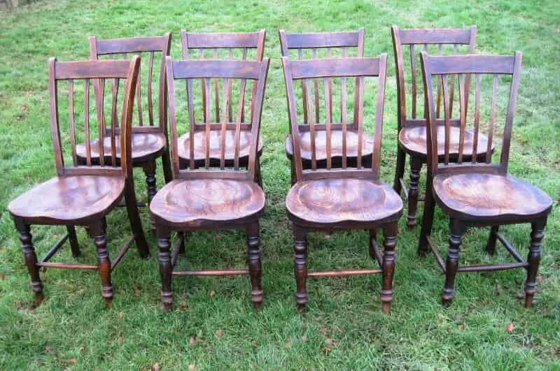 Set of 8 Antique Elm Seated Kitchen Chairs