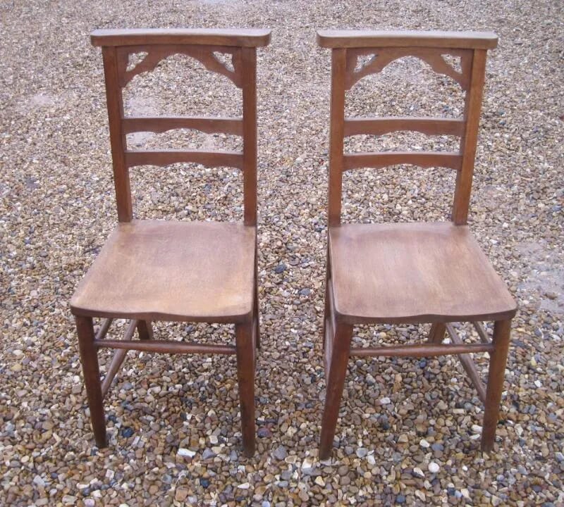 Pair of Antique Solid Oak Gothic Church Chairs - 3737