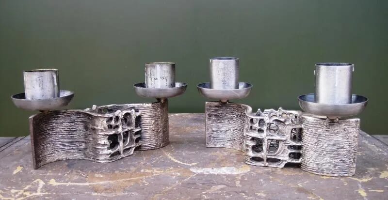 Pair of White Metal Sculpted Candlesticks - 5245
