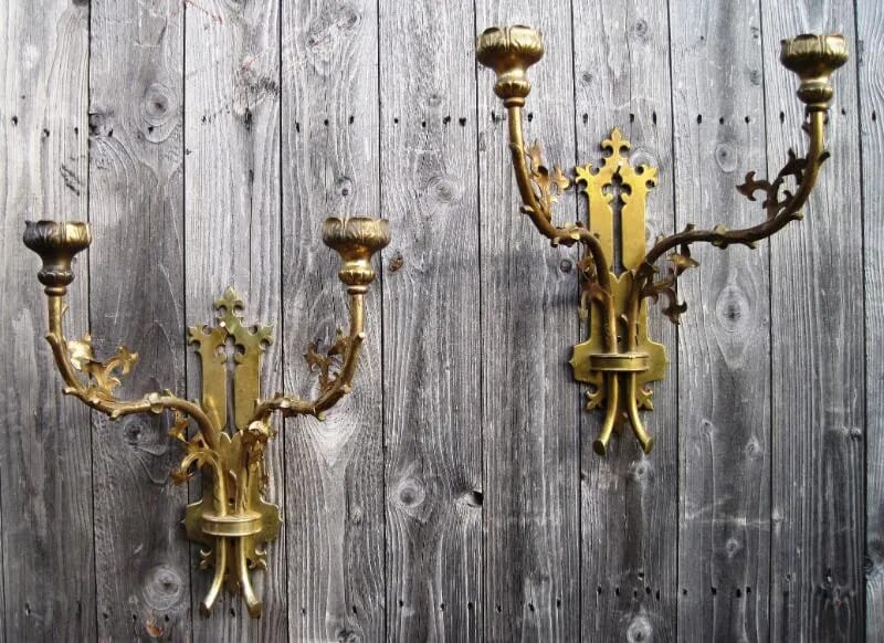 Pair of Antique Wall Mounted Two Branch Wall Sconces - 5242