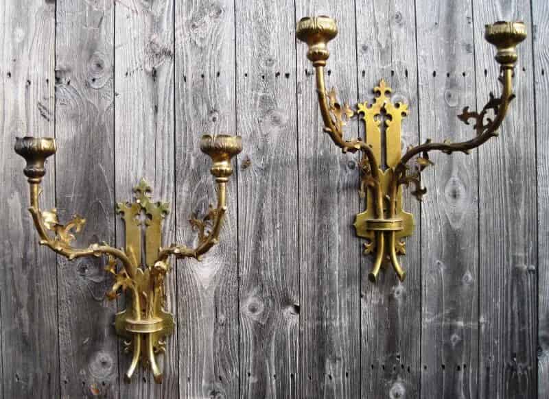 Pair of Antique Wall Mounted Two Branch Wall Sconces