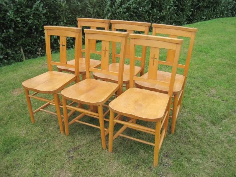 Set of 6 Antique Church Chairs with Cross in Rear - 5421A