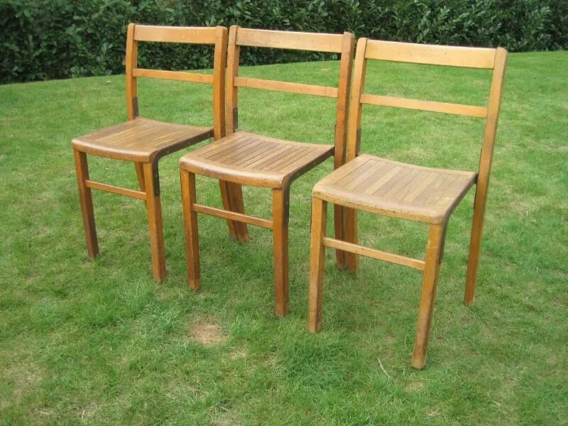 Set of 3 Antique Church Chairs with Slatted Seats - 5450D