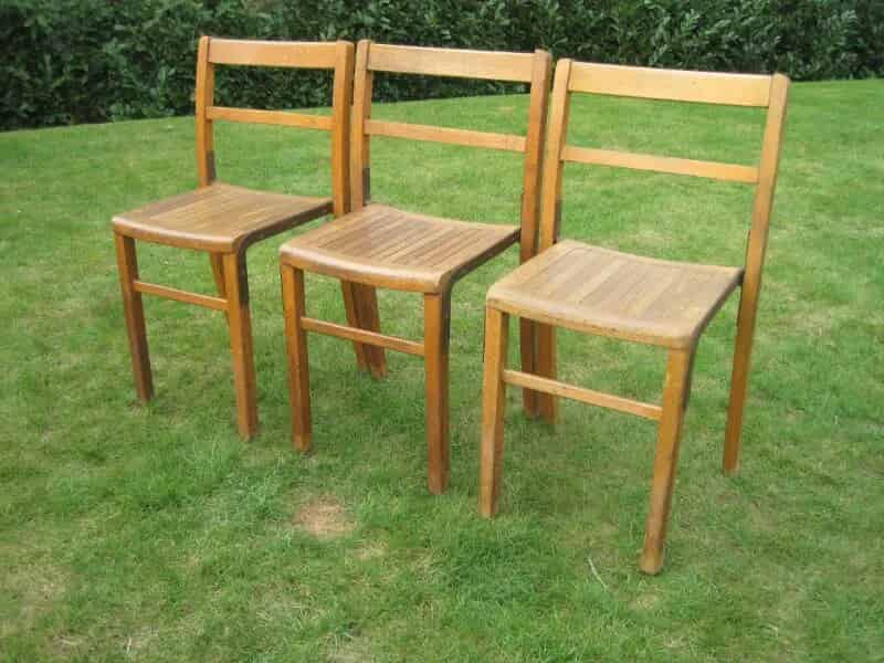 Set of 3 Antique Church Chairs with Slatted Seats
