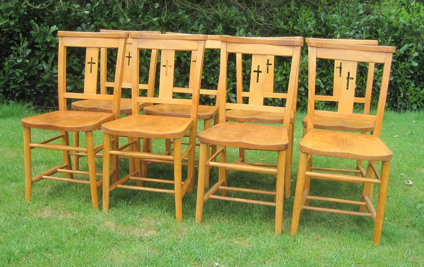 Set of 8 Antique Church Chairs with Cross in Rear - 5421B