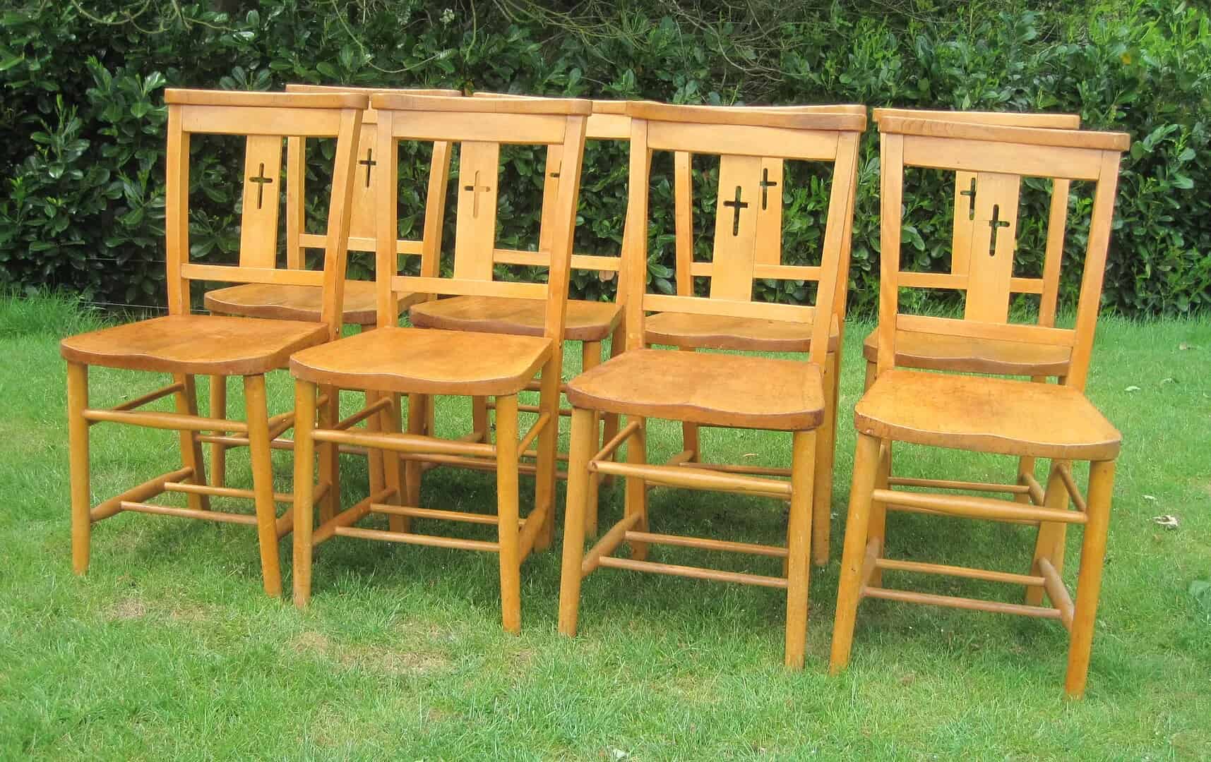 Set of 8 Antique Church Chairs with Cross in Rear