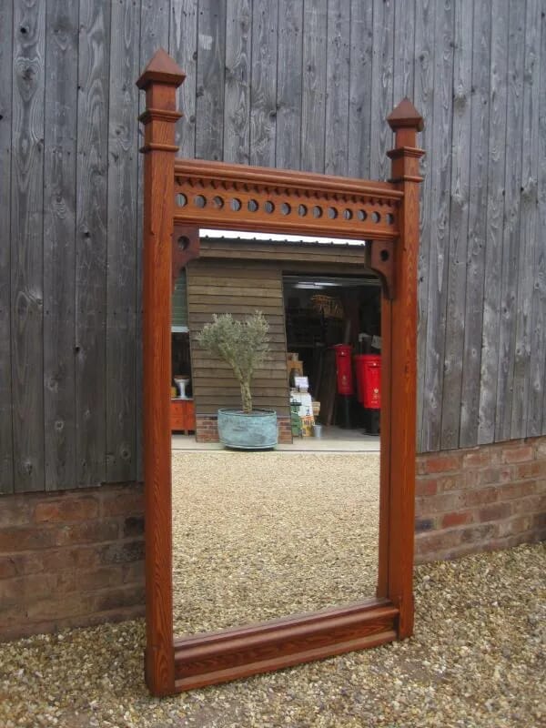 Antique Pitch Pine Gothic Framed Mirror - 5572