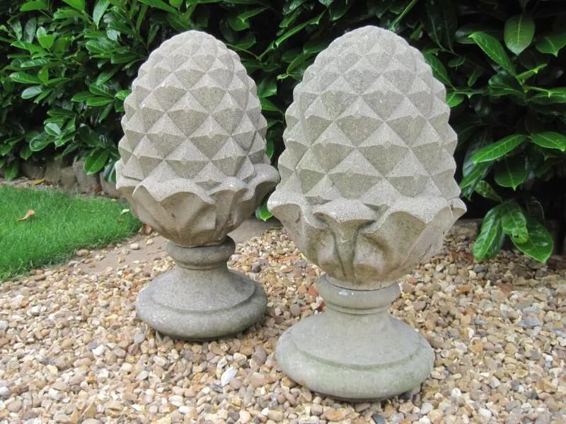 A Pair of Vintage Stone Gate Pier Pineapple Finials - 5619
