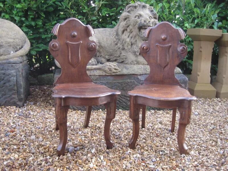 Pair of Antique Solid Oak Gothic Hall Chairs - 5723