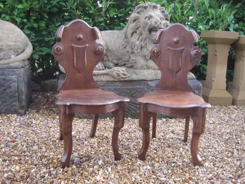 Pair of Antique Solid Oak Gothic Hall Chairs
