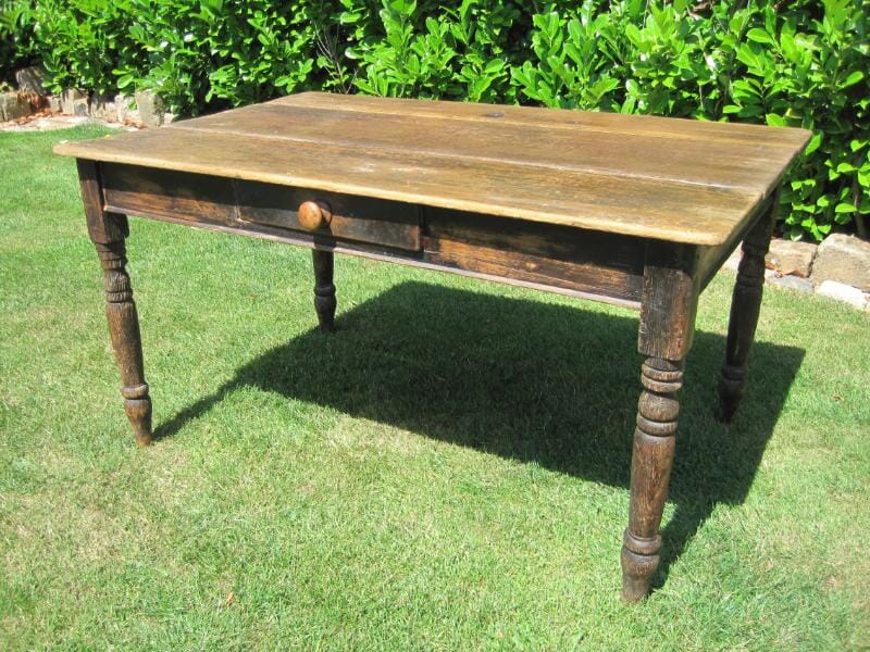 Antique Victorian Reclaimed Pine Kitchen Table with Drawer - 4845