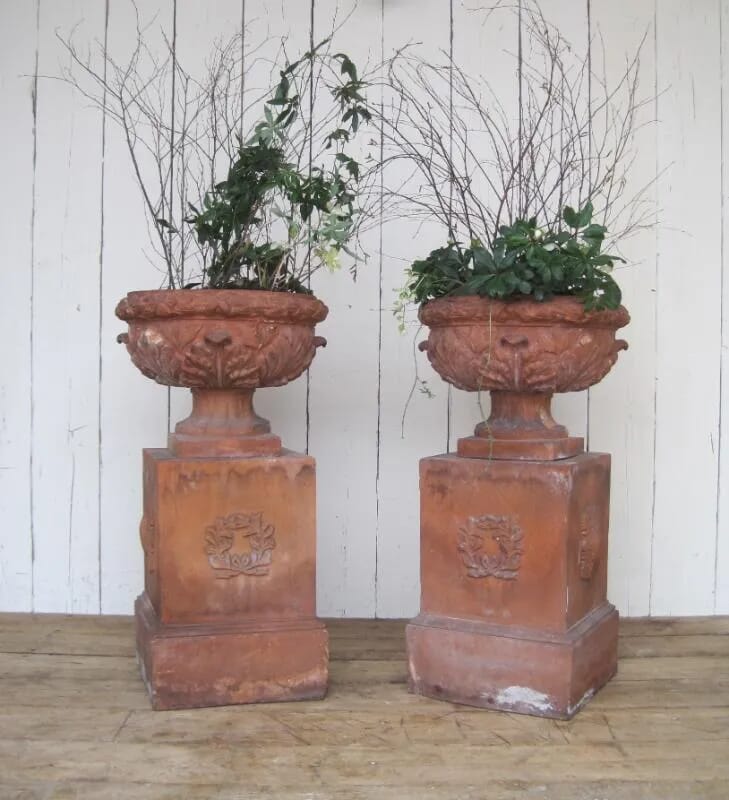 Pair of Antique Terracotta Planters on Plinths - 5892
