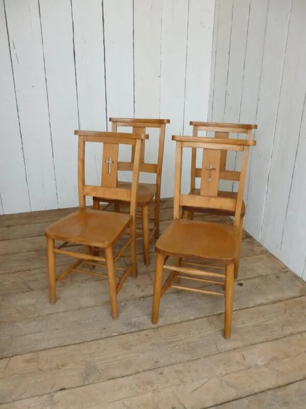 Set of 4 Antique Church Chairs with Crosses in the Back  - 5940b