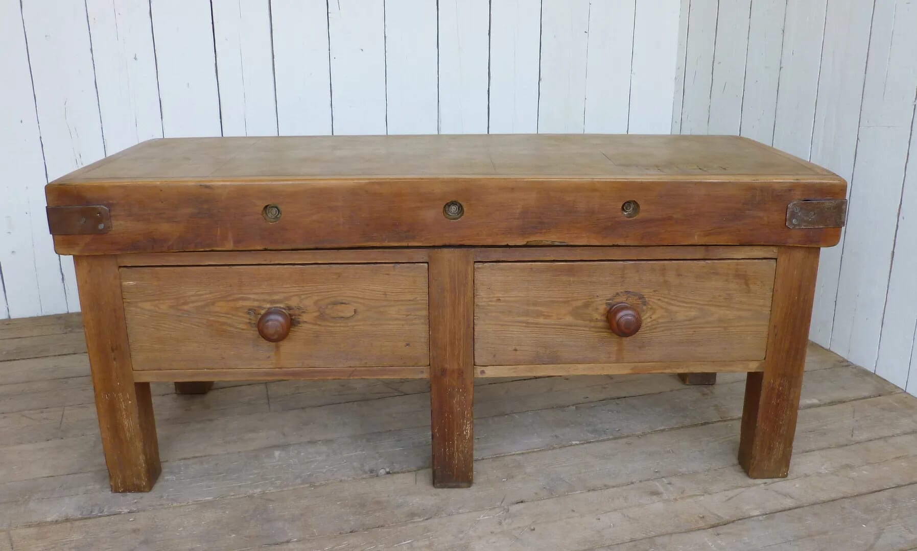 Antique Butchers Wooden Chopping Block with 2 Drawers - 5943a