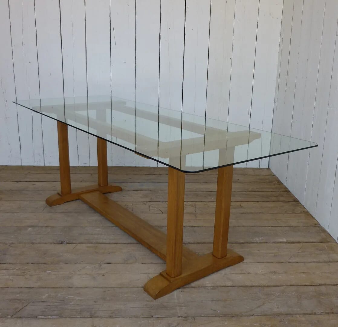 Solid Oak Antique Dining Table with Glass Top - 6015