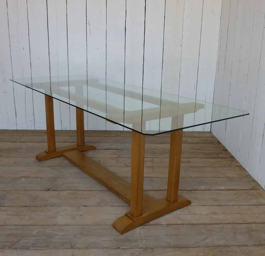 Solid Oak Antique Dining or Kitchen Table with Glass Top from the Royal School Bath
