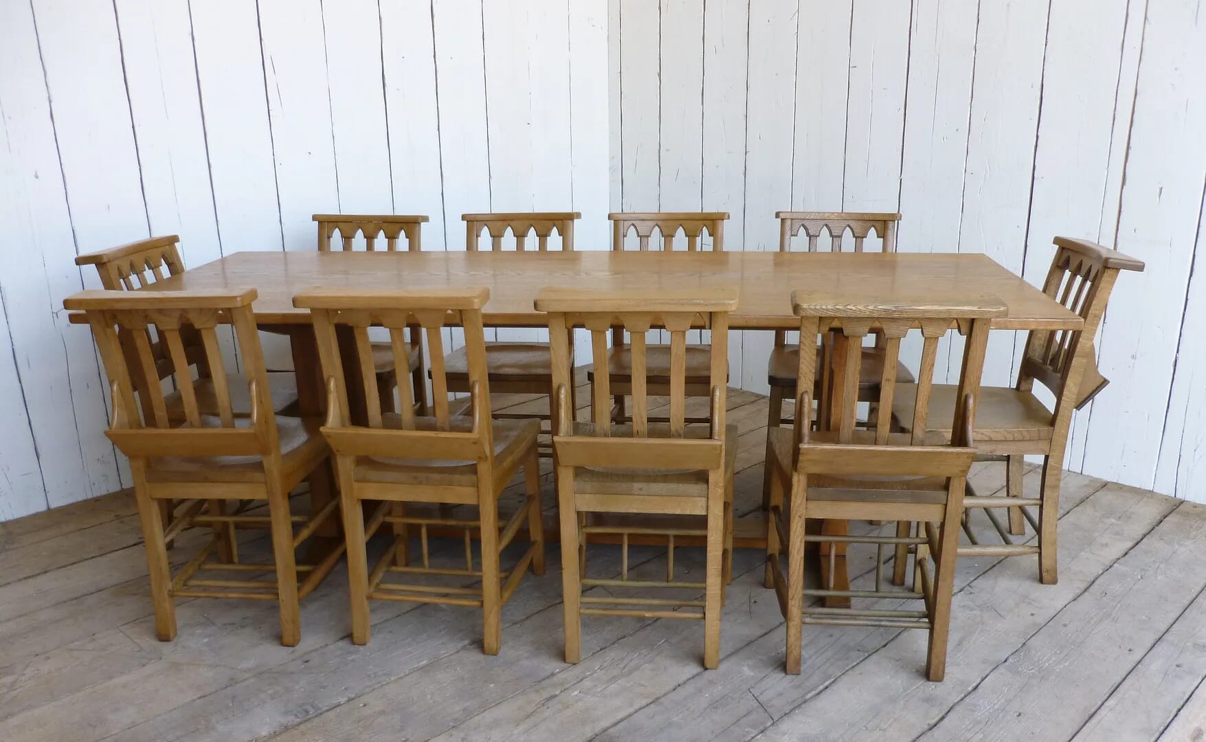 Solid Oak Antique Dining Table and 10 Chairs - 6014a