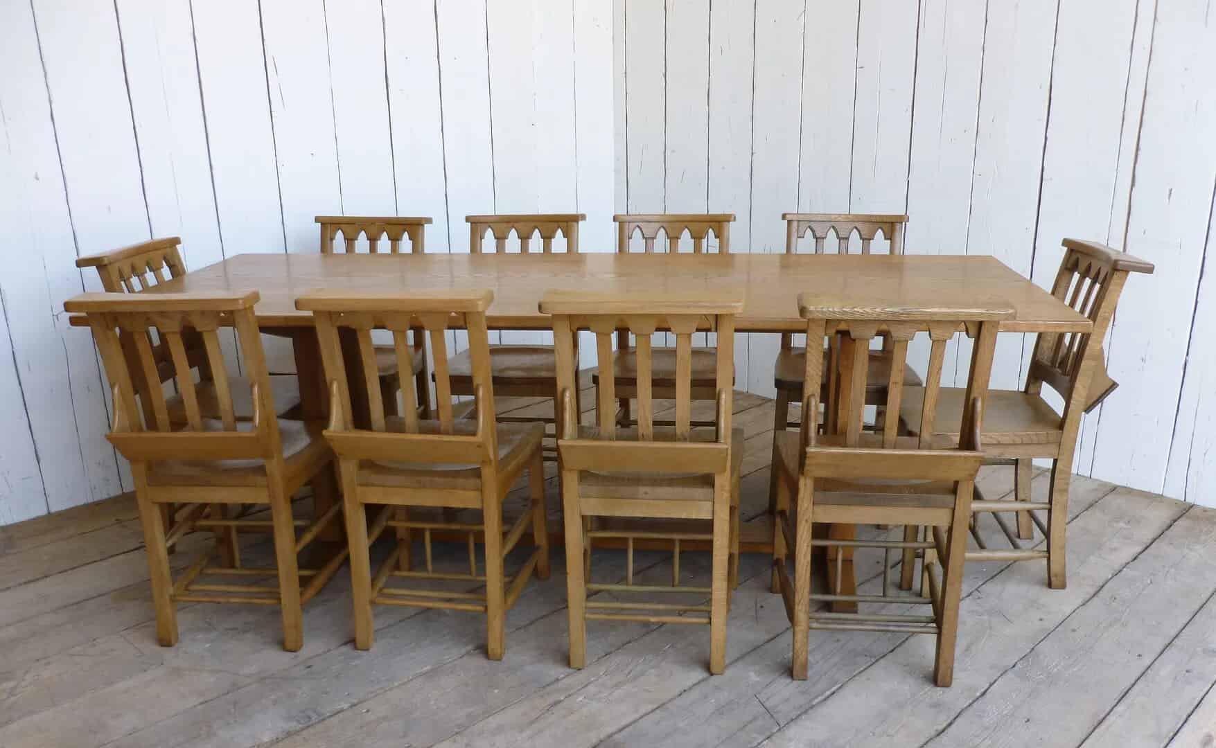 Solid Oak Antique Dining Table and 10 Chairs from the Royal School Bath