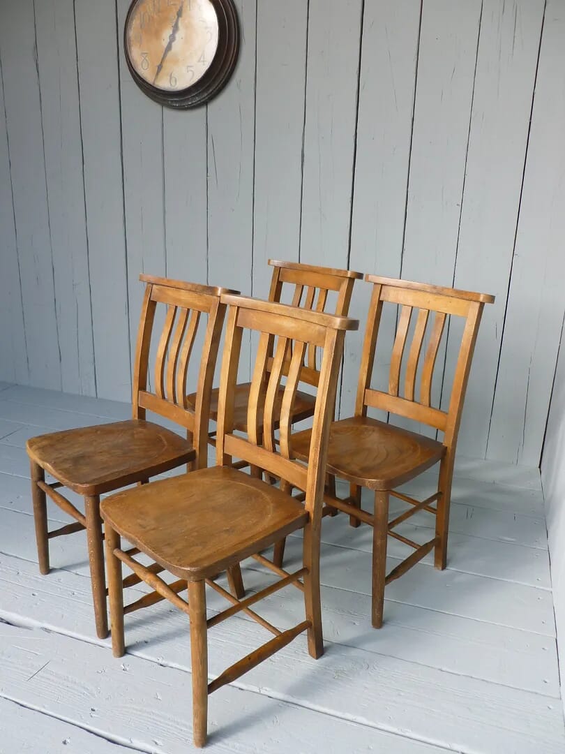 Set of 4 Reclaimed Original Wooden Church Chairs - 6111