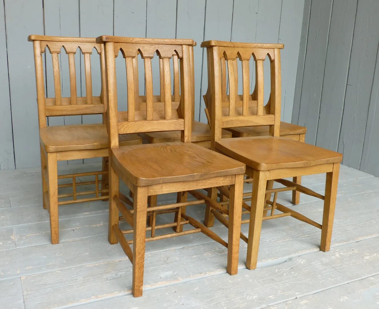 Set of 5 Solid Oak Antique Gothic Church Chairs - 5661