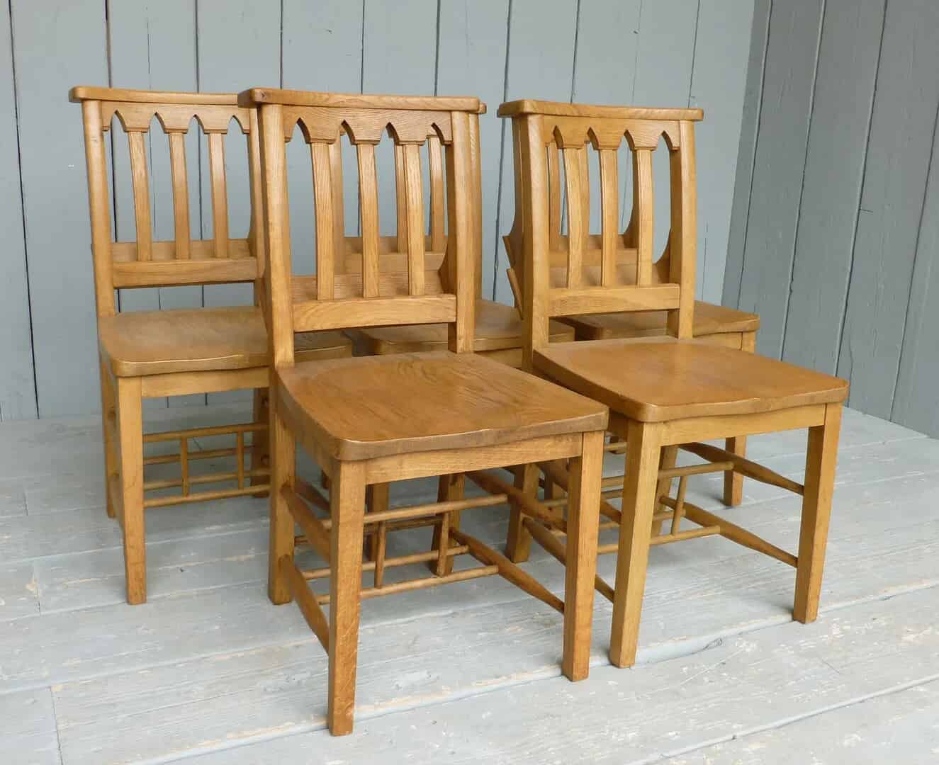 Set of 5 Solid Oak Antique Gothic Church Chairs