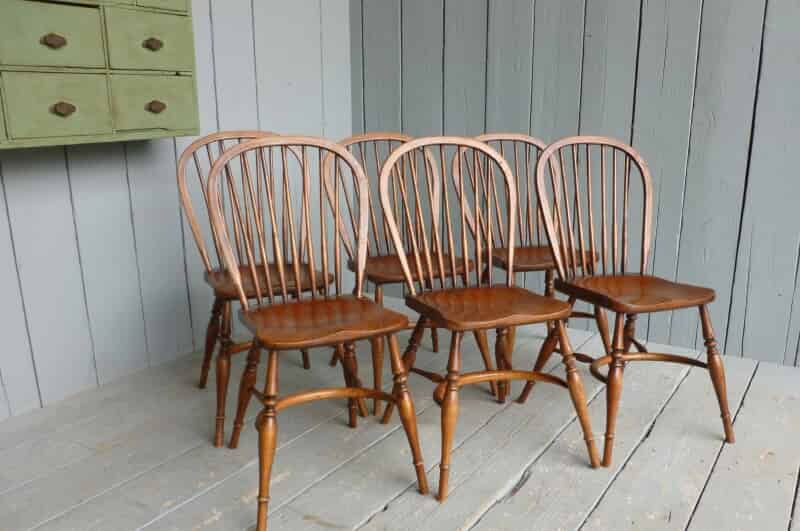 Set of 6 Vintage Oak Windsor Stick Back Chairs