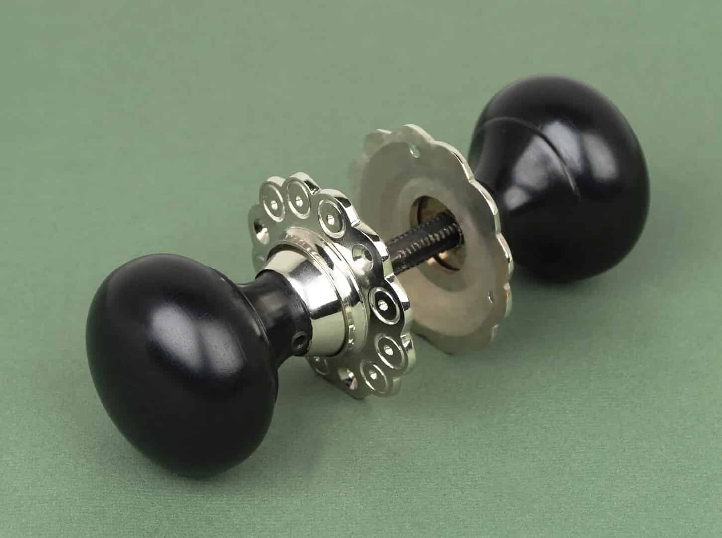Solid Ebony Bun Knobs with Polished Nickel Roseplate