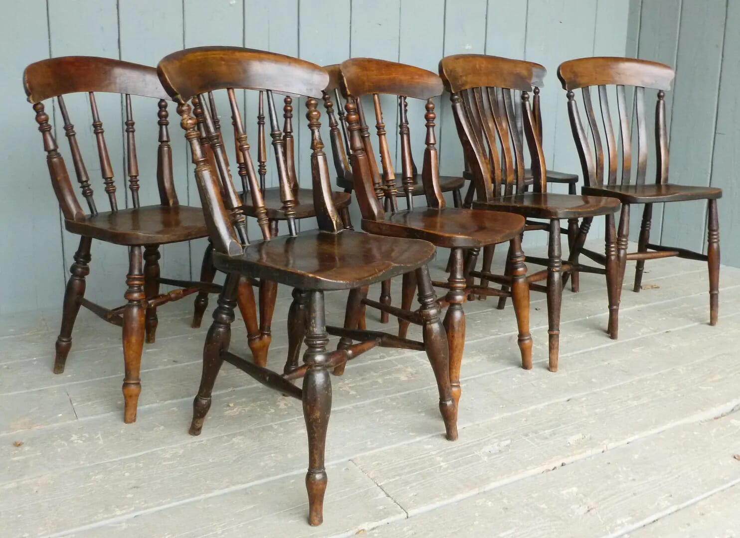 Set of 8 Elm Seated Antique Kitchen Chairs - 6473