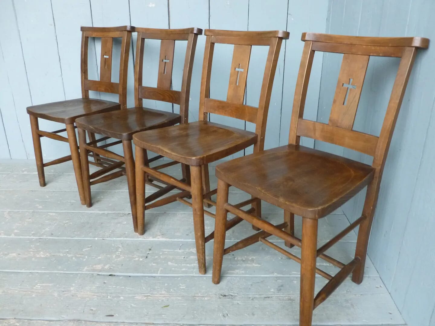 Set of 4 Antique Church Chairs with Cross in rear - 6283