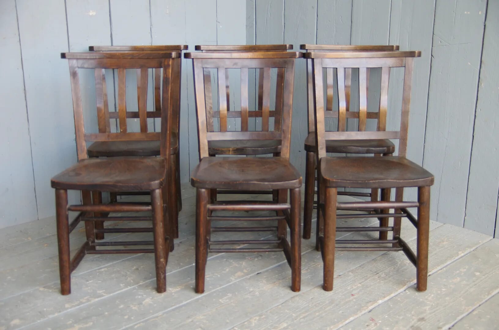 Set of 6 Antique Reclaimed Dark Church Chairs - 6504