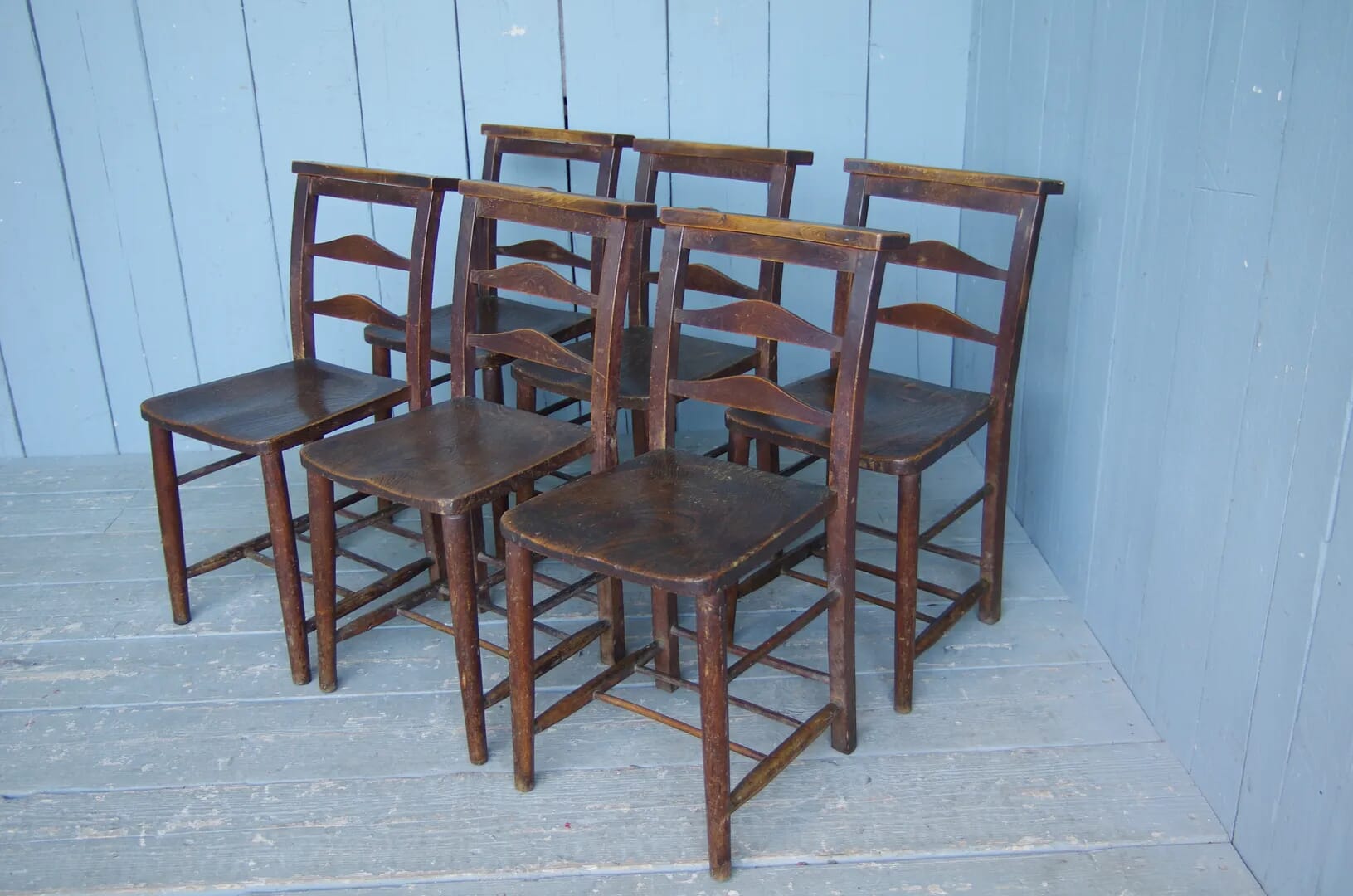 Set of 6 Antique Dark Church Chairs - 6505