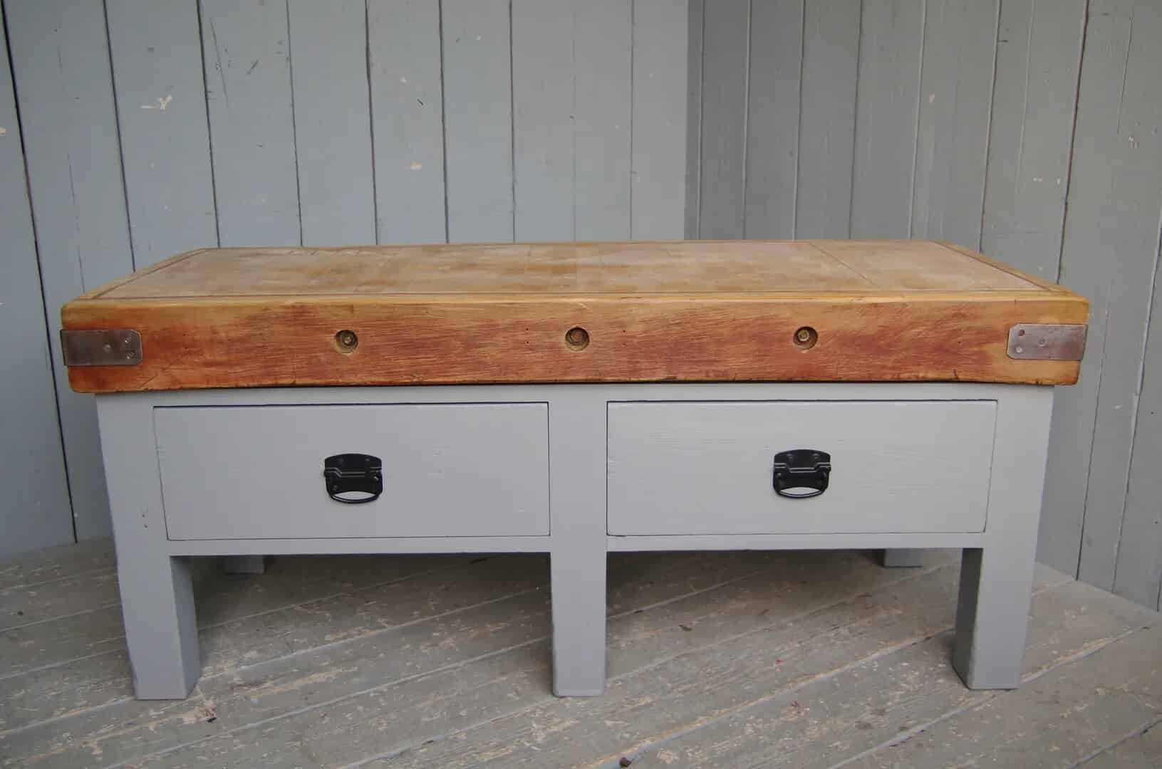 Antique Butchers Chopping Block with 2 Drawers<br>The base has been painted with Farrow and Ball Plummet 