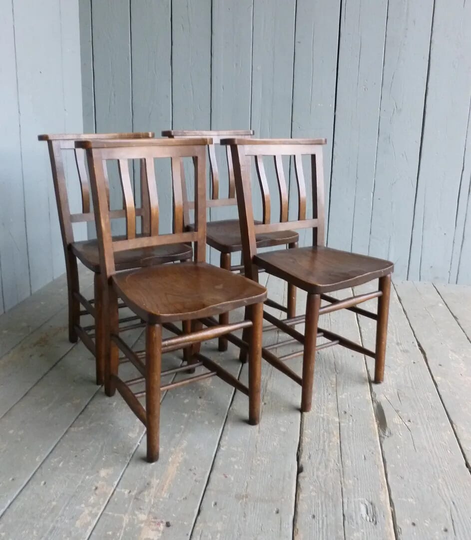 Set of 4 Antique Church Chairs - Elm Seats - 6530