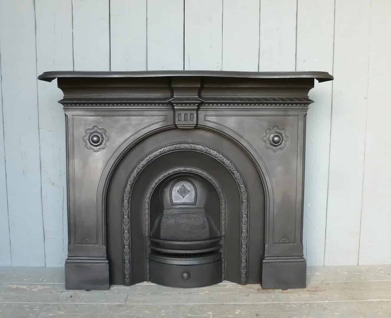 Antique Gothic Cast Iron Combination Fire Surround and Insert