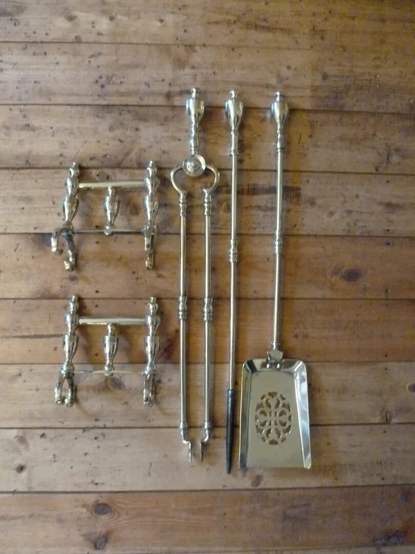 Set of Antique Brass Fire Irons with Stand - 6612