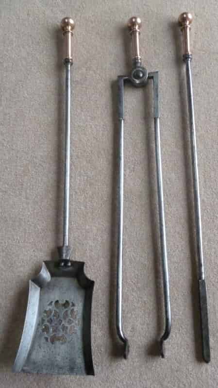 Set of Steel Fireplace Irons with Copper Handles