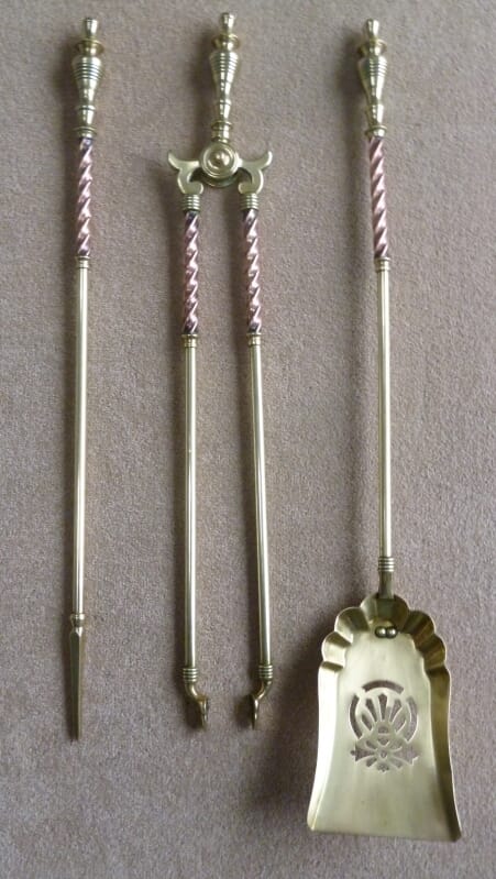 Set of Antique Brass Fireplace Irons with Copper Twists - 6698