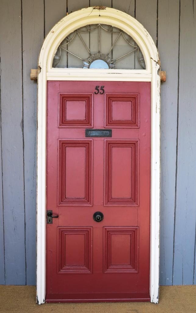 Antique 6 Panel Pine Front Door with Leaded Arch Topped Frame - 6885