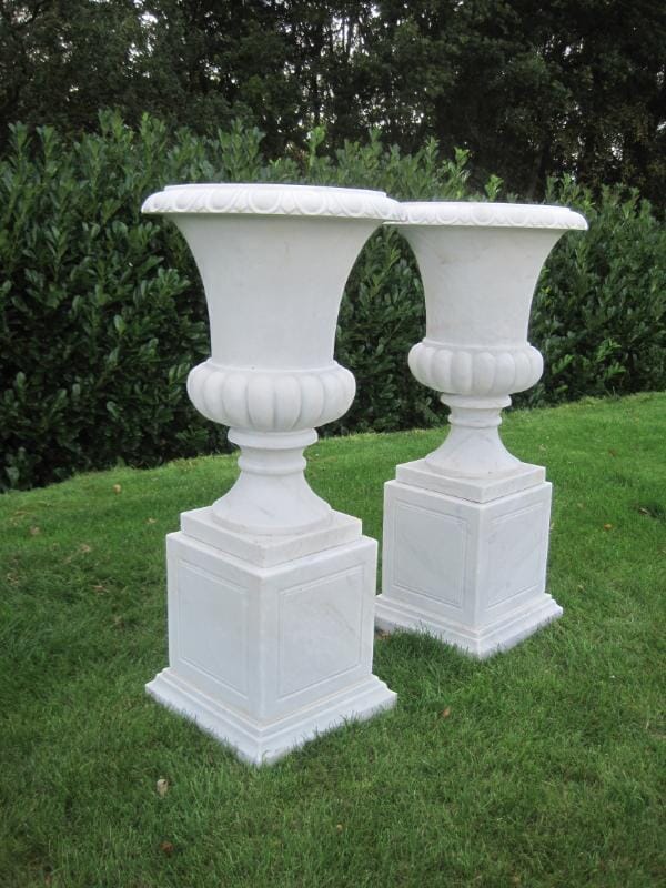 Pair of Marble Urns on Plinths - V700