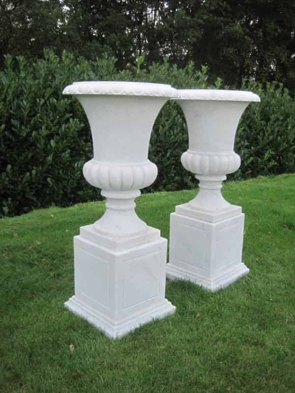 Pair of Solid Marble Hand Carved Urns on Matching Plinths