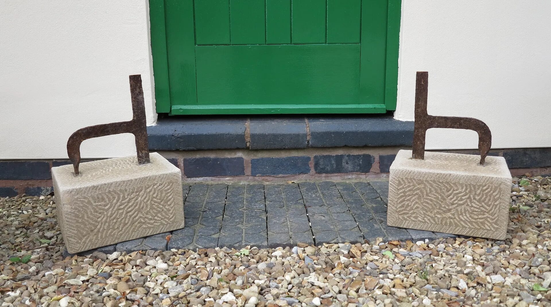Pair of Wrought Iron Boot Scrapers on Stone Bases - 7036